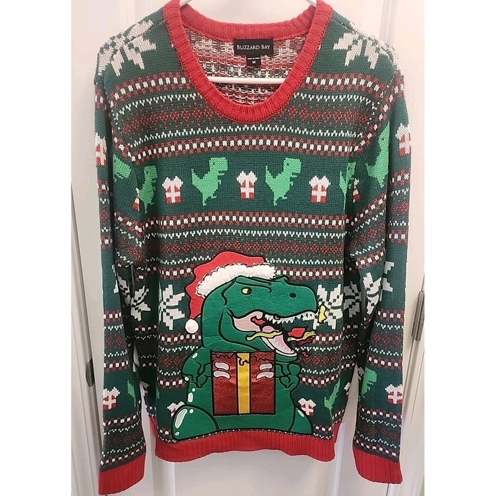 Blizzard Bay Men's T-Rex Ugly Christmas Sweater Medium  Pullover Dinosaur
